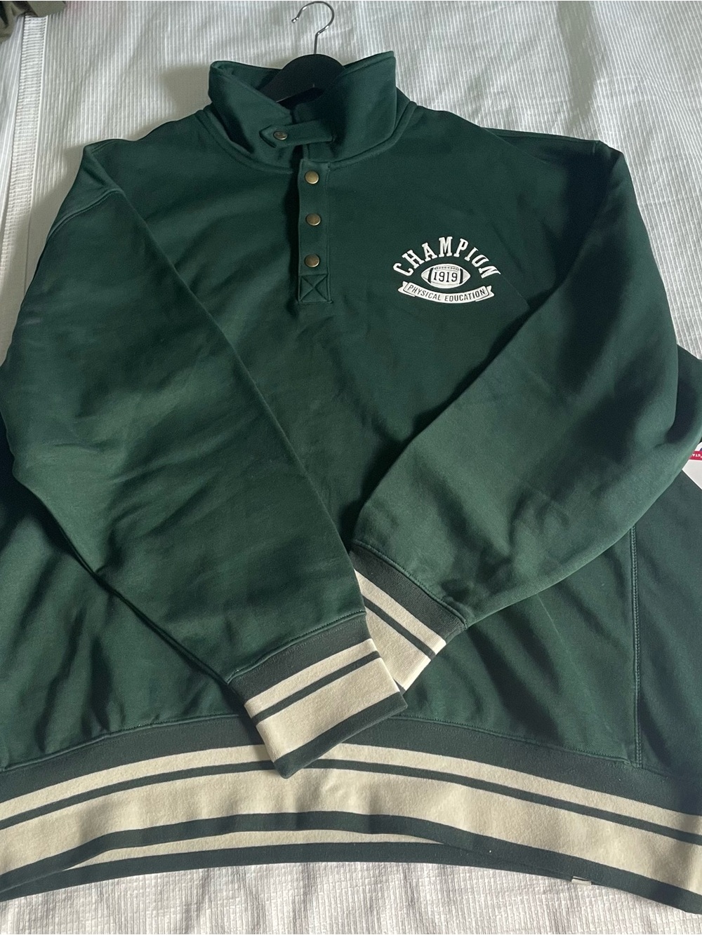 Champion Dark Green Crewneck Pullover with Cream Stripe Accents